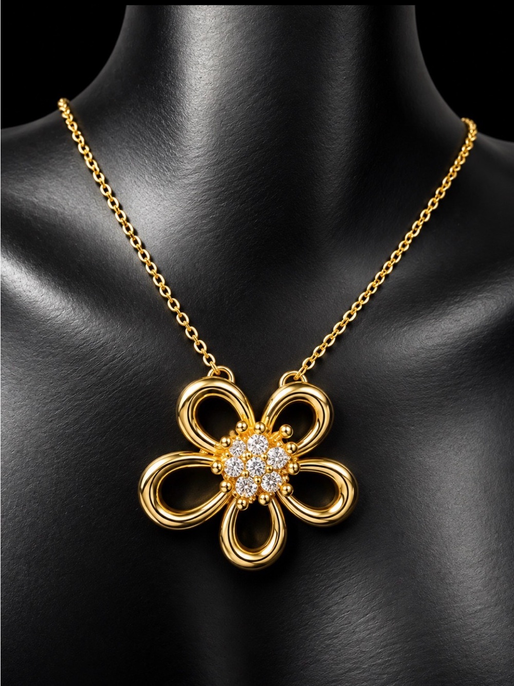 Gold Floral Pendant Necklace with Crystal Center - Women Jewelry